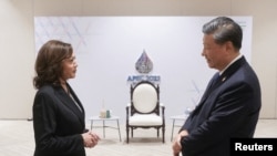 Makamu Rais wa Marekani Kamala Harris (L) akisalimiana na Rais wa China Xi Jinping pembeni ya mkutano wa APEC mjini Bangkok, Thailand, Nov. 19, 2022. (The White House/Handout via Reuters) 