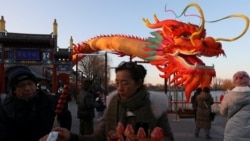 北京一個公園慶祝龍年的裝飾前一名女子在買糖葫蘆。(2024年2月7日)