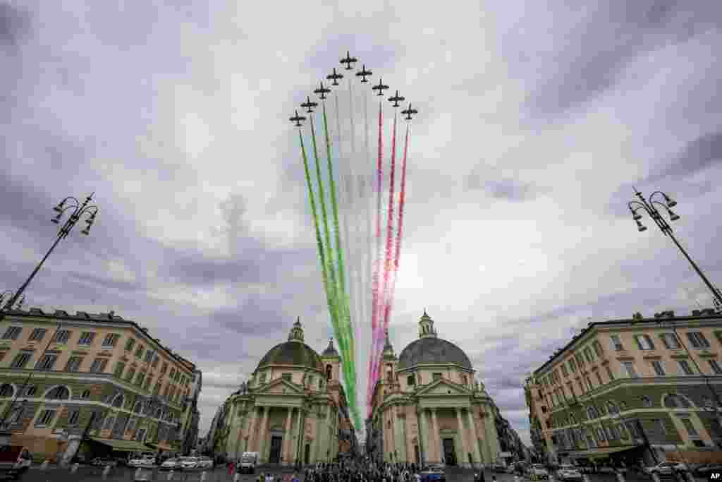 Italian aerobatic squad 'Frecce Tricolori' flies over Rome as part of the celebrations for Italy's Republic Day.