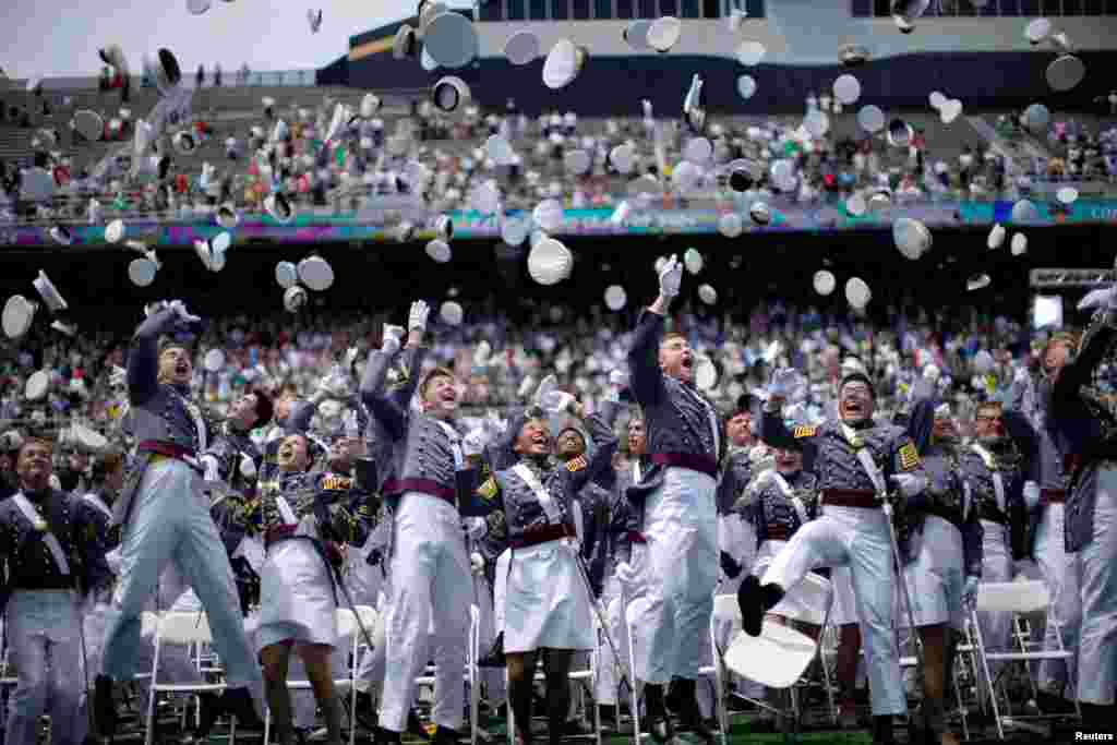 Graduating cadets celebrate during the United States Military Academy commencement in West Point, New York, May 25, 2024.