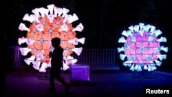 FILE - A visitor walks past a coronavirus (COVID-19) model as he visits the "Mini-Worlds on the Way of Illumination" exhibition at the Jardin des Plantes in Paris, France, November 12, 2022. (REUTERS/Gonzalo Fuentes) 
