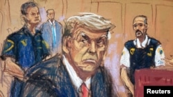 Dîmeneke nîgarkêşî ya Trump di dema amadebûna ya de li dadgeha New Yorkê.