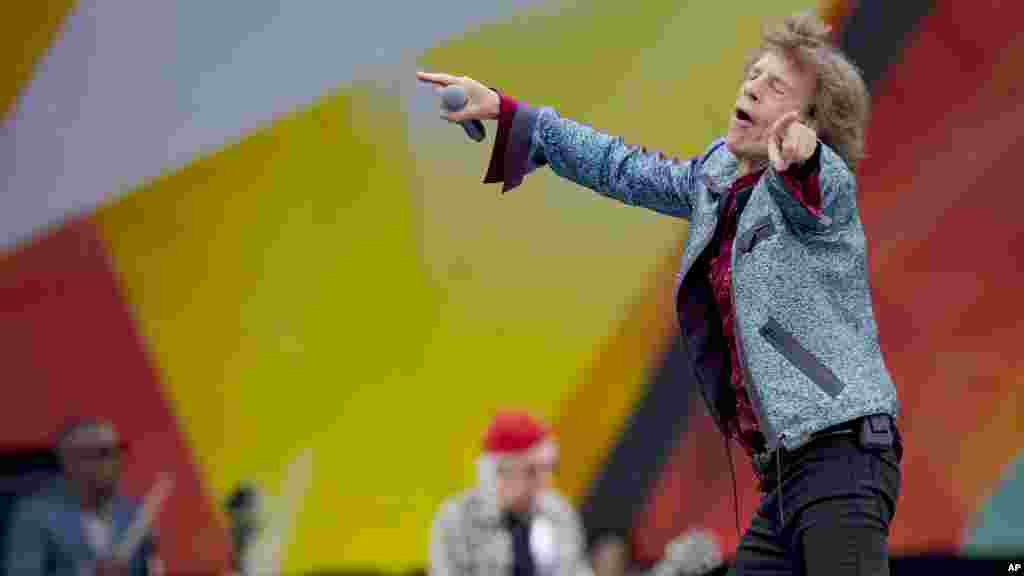 Mick Jagger and Keith Richards of the Rolling Stones perform during the New Orleans Jazz and Heritage Festival in New Orleans, May 2, 2024. 