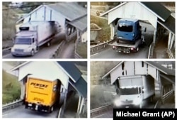 This selection of undated still frames from security video camera footage provided by Michael Grant shows oversized box trucks crashing through the historic Miller's Run covered bridge in Lyndon, Vermont. (Michael Grant via AP)