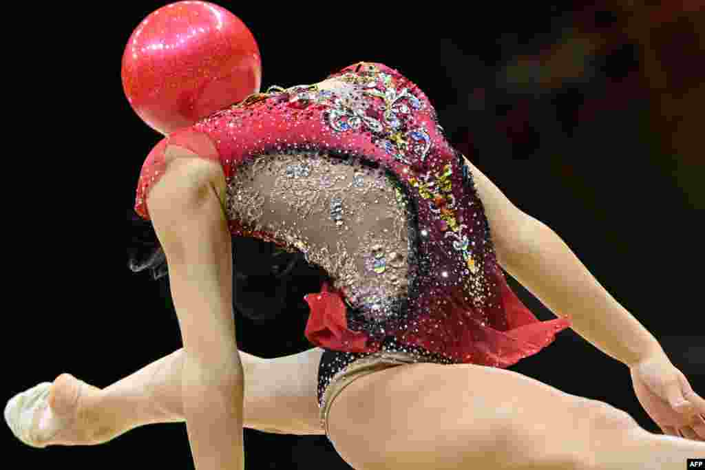 Gold medalist Italy's Sofia Raffaeli competes during the ball apparatus individual final event of the 40th European Rhythmic Gymnastics Championships at the Arena in Budapest, Hungary.