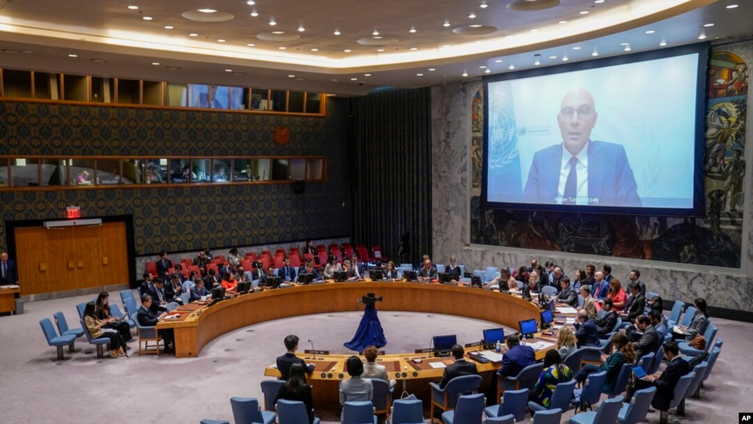 Volker Turk, U.N. high commissioner for human rights, speaks via video call after U.S. Ambassador Linda Thomas-Greenfield gaveled in a Security Council meeting to discuss human rights in North Korea on Aug. 17, 2023, at United Nations headquarters in New York.
