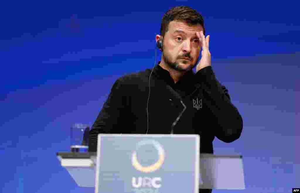 Ukrainian President Volodymyr Zelenskyy speaks at a press conference during the Ukraine Recovery Conference in Berlin.