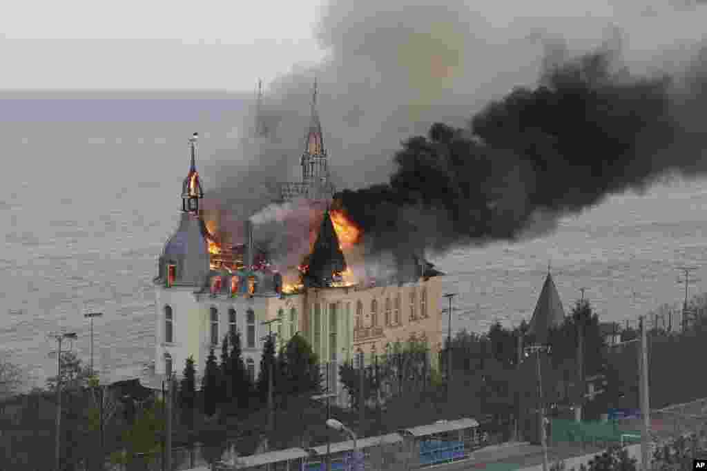 A building of the Odessa Law Academy is on fire after a Russian missile attack in Odessa, Ukraine.