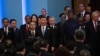 中国领导人习近平在北京人大会堂出席一带一路论坛开幕式后与与会各国领导人离开会场。（2023年10月18日）