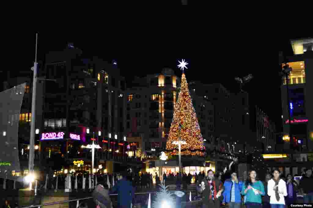 Warga berjalan di sekitar pohon Natal di National Harbor, Washington, D.C.