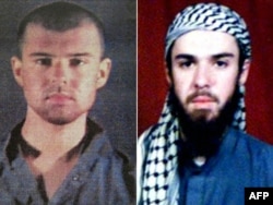 This combination of pictures created, April 17, 2019, shows at left a Feb. 6, 2002, police photo of John Walker Lindh and at right a Feb. 11, 2002, photograph of him from the records of the Arabia Hassani Kalan Surani Bannu madrassa in Bannu, Pakistan.