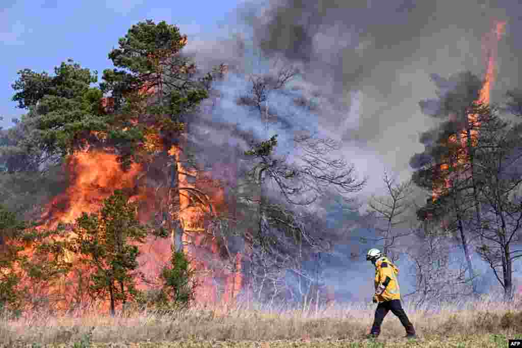 A firefighter walks in front of trees in flame during a wildfire in Boyne, southern France, in the "Grands Causses natural park."