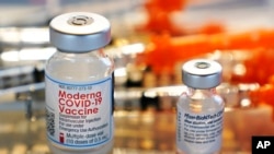 ARSIP - Botol vaksin COVID-19 Moderna dan Pfizer di sebuah klinik di Exeter, N.H., 25 Februari 2021. (AP Photo/Charles Krupa, File)