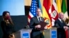 U.S. Secretary of State Antony Blinken, center, gives a press conference at a ministerial conference on migration and protection in Panama City, April 20, 2022. With him are U.S. Secretary of Homeland Security Alejandro Mayorkas and Panamanian Foreign Minister Erika Mouynes.