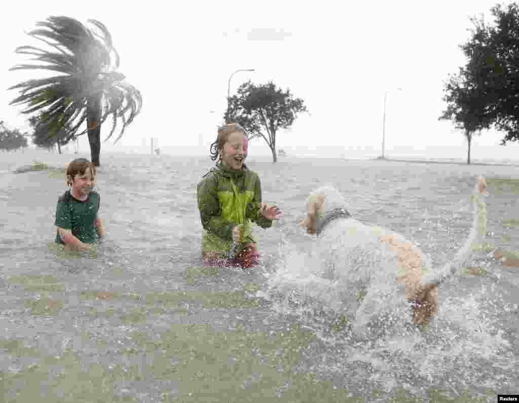 10-year-olds Joshua Keegan (L) and Ruffin Henry (C) play with Scout in a flooded area outside of the levee system along the shores of Lake Pontchartrain as Hurricane Isaac approaches New Orleans, Louisiana August 28, 2012.