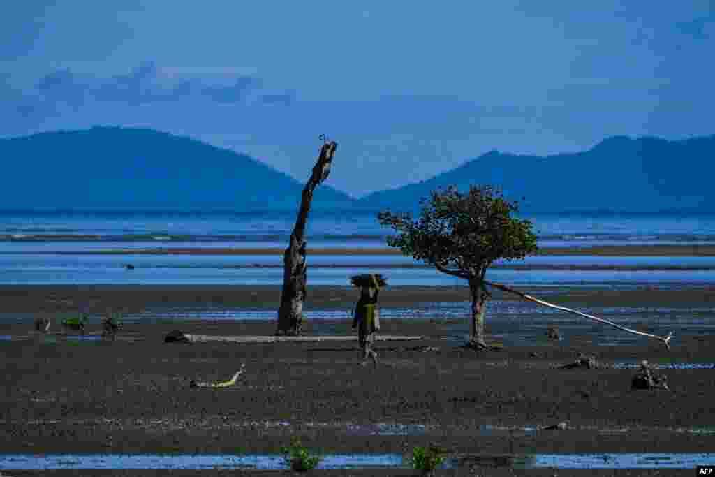 A woman walks home after fishing at a beach in Peukan Bada in Indonesia&#39;s Aceh province.