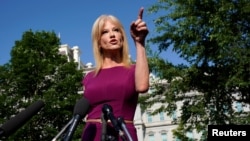 White House counselor Kellyanne Conway speaks to reporters at the White House in Washington, May 29, 2019. 