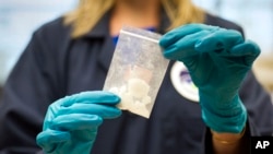 在维吉尼亚州斯特林的美国药品管理局(DEA)特别检测与研究实验室，展示了一袋在缉毒行动中缴获的芬太尼。