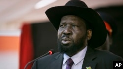 FILE - South Sudan's President Salva Kiir speaks at a special party conference in Juba, South Sudan, May 3, 2018. 