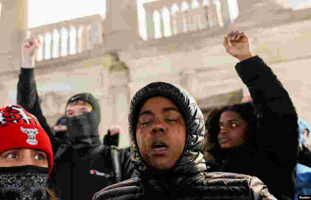 Ebony Anderson, 31, from Madison, reacts outside the Kenosha County Courthouse, during jury deliberations for Kyle Rittenhouse&#39;s trial, in Kenosha, Wisconsin, Nov. 16, 2021.
