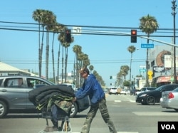 A man pushes a cart in the beach community of Venice in Los Angeles, June 2017. (E. Lee/VOA)