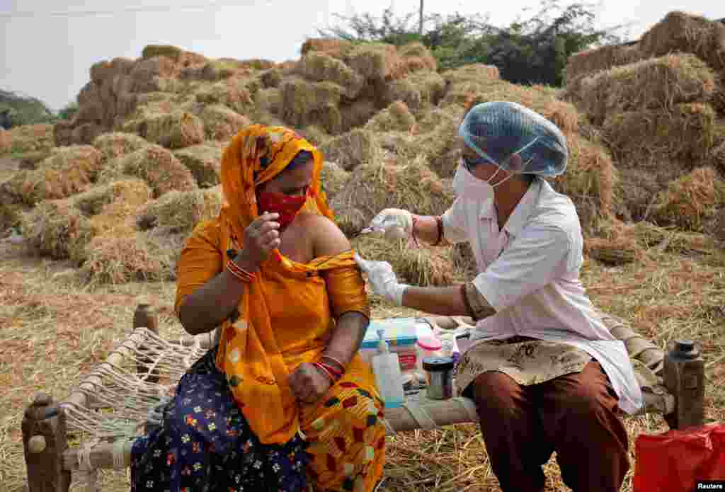 Jabuben Bharwad, 30, receives a dose of Covishield vaccine against COVID-19, that's manufactured by Serum Institute of India, while working in a field during a door-to-door vaccination drive at Mahijada village on the outskirts of Ahmedabad, India.