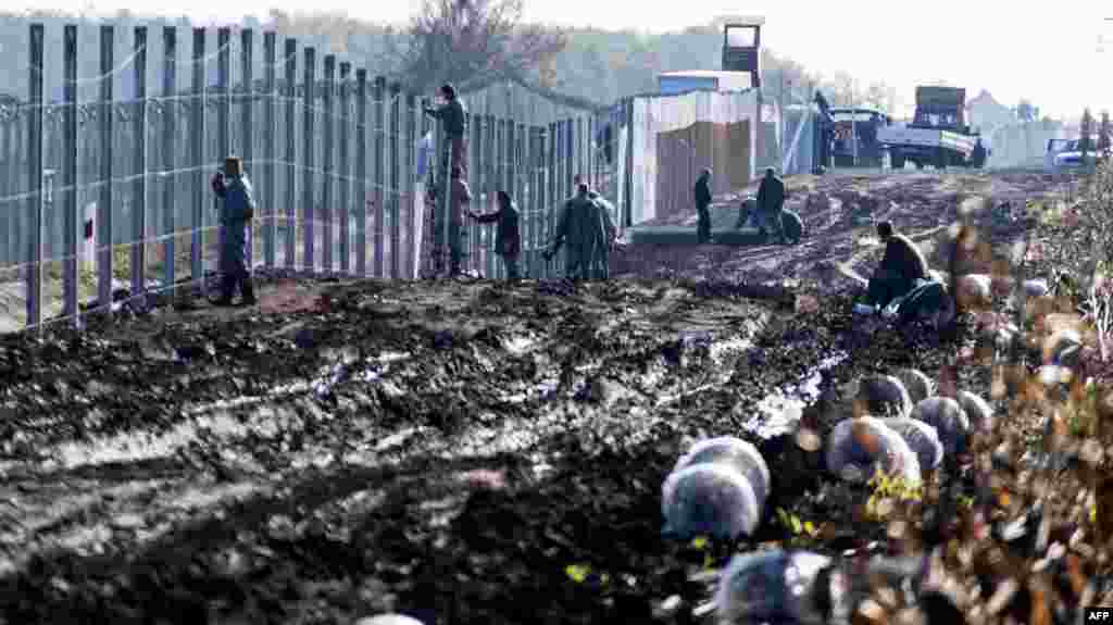 Para napi bekerja untuk membangun tembok permbatas pada perbatasan Hungaria-Serbia untuk mencegah masuknya para migran ke Hungaria.