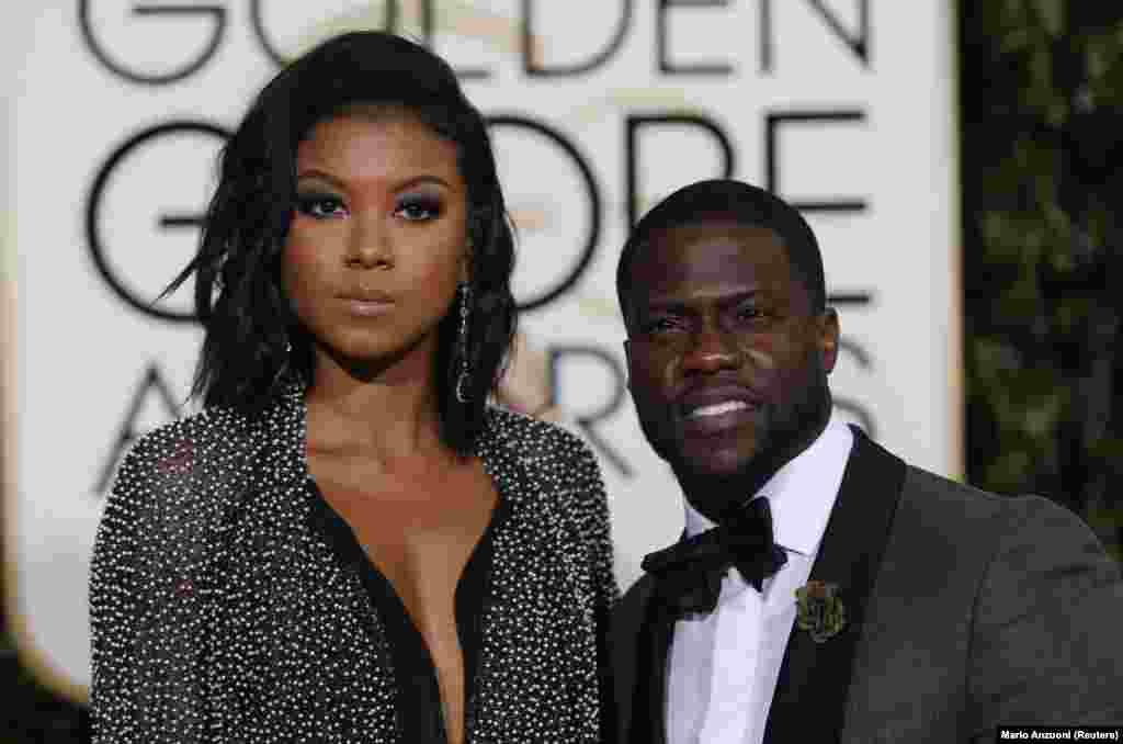 O actor Kevin Hart chega com a noiva Eniko Parrish aos Globos de Ouro
