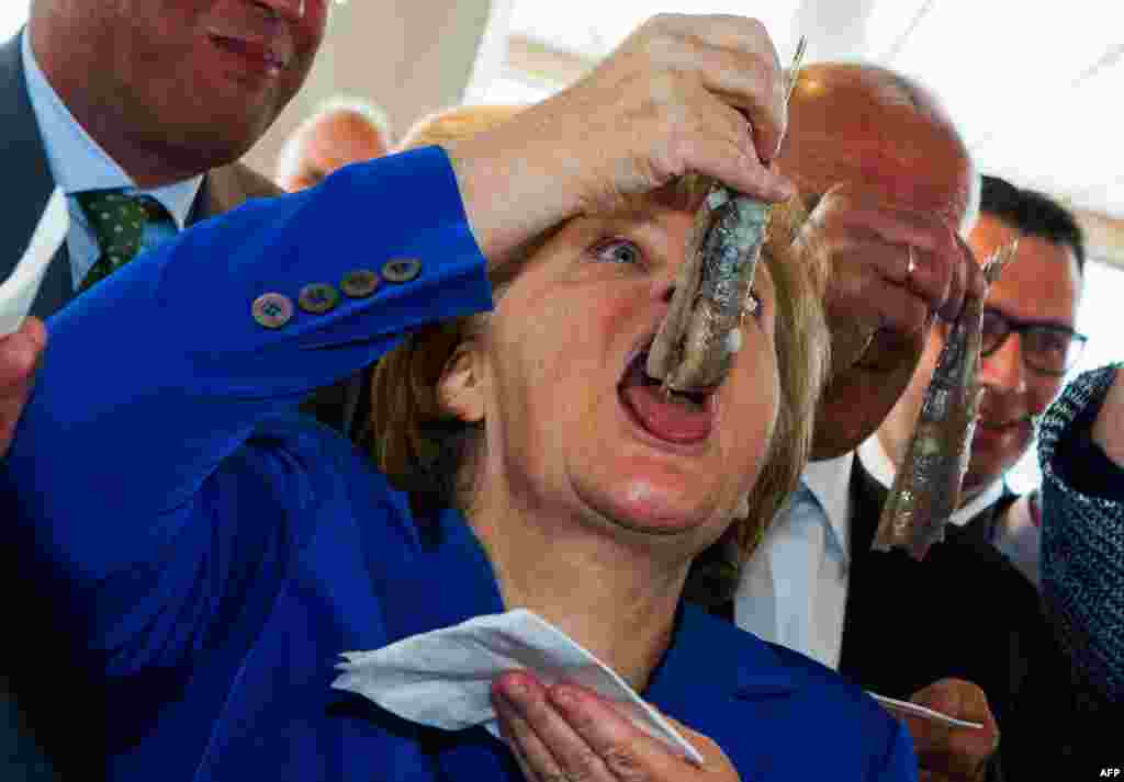 Almaniya kansleri Angela Merkel balıqçı gəmisi "Mark"a ad verilməsi mərasimində balığ qonaq edilib. 