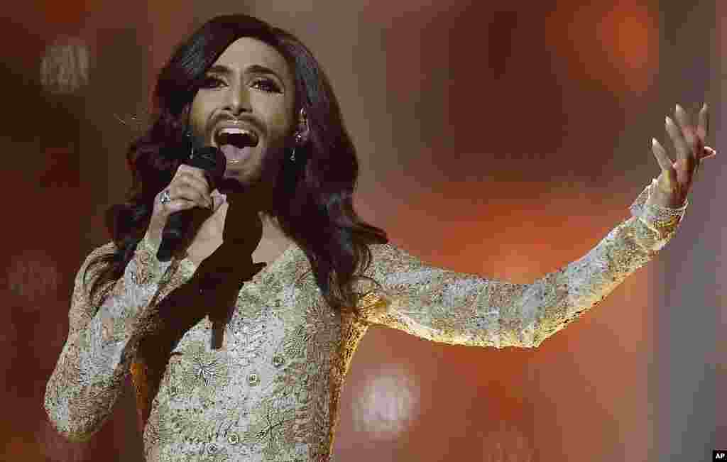 Singer Conchita Wurst representing Austria performs the song ' Rise Like a Phoenix' during a rehearsal for the second semi-final of the Eurovision Song Contest in the B&W Halls in Copenhagen, Denmark.