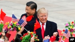 美国总统川普（右）和中国国家主席习近平在北京人大会堂举行的欢迎仪式上受到挥舞美中两国国旗和鲜花的孩子们的欢迎。（2017年11月9日）