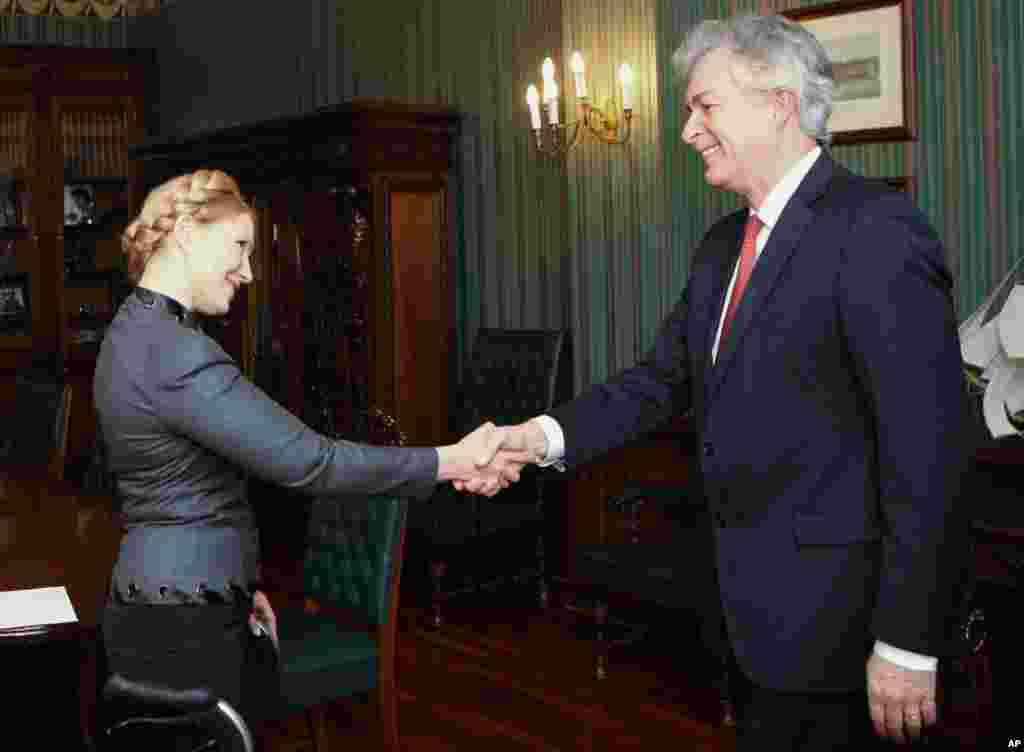 Mantan Perdana Menteri Ukraina Yulia Tymoshenko berjabat tangan dengan Wakil Menteri Pertahanan AS William Burns di Kyiv, 26 Februari 2014.