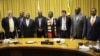 Zimbabwean President Emmerson Mnangagwa, his cabinet members and officials of Invictus Energy are pictured Nov. 1, 2018, after announcing the discovery of oil and gas deposits on Zimbabwe’s border with Mozambique. (C. Mavhunga/VOA)