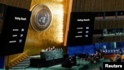 Imagen de la Asamblea General de las Naciones Unidas en el momento de la votación sobre las reparaciones rusas a Ucrania, el 14 de noviembre de 2022.