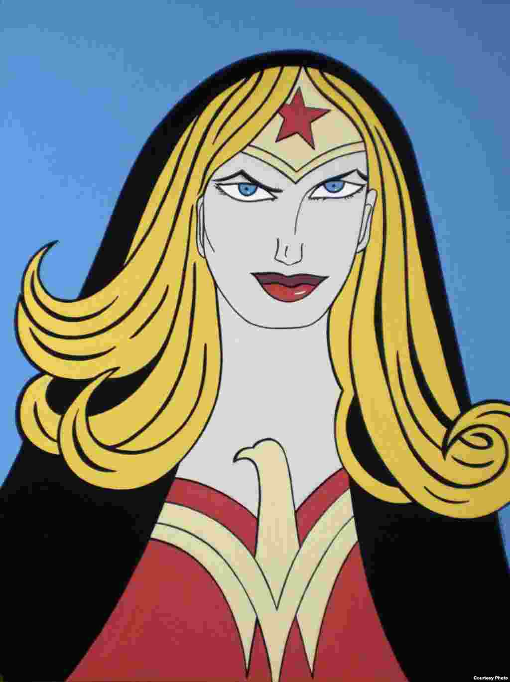 Dalam "The Wonder Within," Helen Zughaib dari Lebanon dan Amerika Serikat, mengadaptasi karakter pahlawan super Wonder Woman. (International Museum of Women)