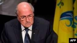 FILE - FIFA President Sepp Blatter delivering a speech during the opening ceremony of the 65th FIFA Congress in Zurich, Switzerland, May 28, 2015.