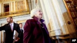 Federal Reserve Chair Janet Yellen departs a Financial Stability Oversight Council meeting at the Treasury Department in Washington, May 19, 2015.