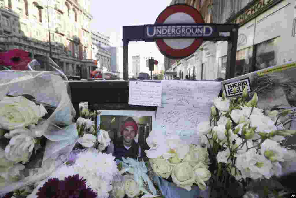 Floral tributes placed at the scene where Italian Prince Filippo Corsini was killed on his bicycle outside Knightsbridge underground station in London. Heir to one of Florence’s oldest and most illustrious families, Filippo Corsini, 21, was hit by a truck outside luxury department store Harvey Nichols on Oct. 31 and died of his injuries.