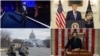 USA, Washington, combo photograph, president elect Joseph Biden, outgoing president Donald Trump, chairman of the House of representatives Nancy Pelosi and the members of the National Guard at the Congress