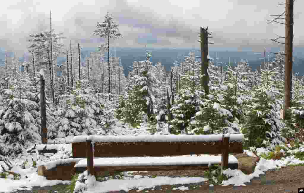 Salju menutupi sebuah bangku di Brocken, di pegunungan Harz dekat Schierke, Jerman.