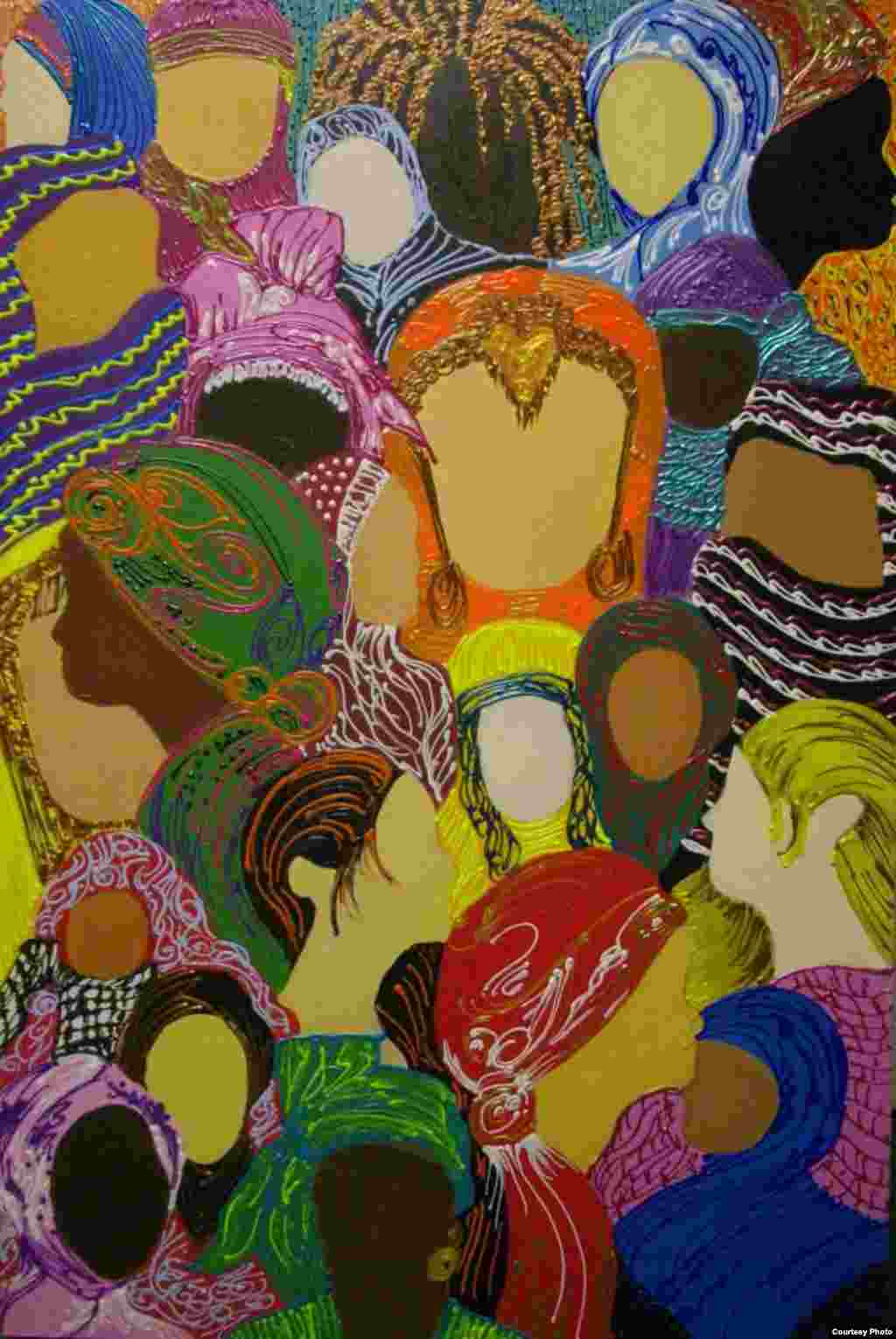 Dengan menggambarkan perempuan Muslim dengan dan tanpa kerudung, Kelly Izdihar Crosby, dari Amerika Serkat, menunjukkan keberagaman komunitas Islam global. (International Museum of Women)