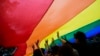 资料照：香港同性恋团体举着LGBT旗帜参加游行。 （2014年11月8日）