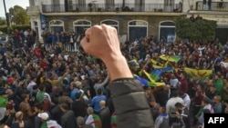 Des étudiants algériens brandissant des drapeaux amazigh et nationaux lors d'une manifestation anti-gouvernementale à Alger, le 21 février 2020.