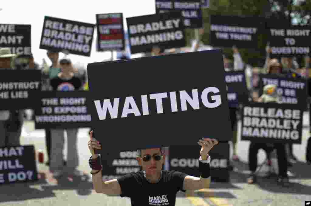 Laurie Arbeiter of Brooklyn, N.Y., during a demonstration in support of Bradley Manning outside Fort Meade, June 1, 2013.