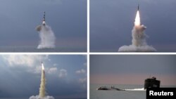 官方朝中社公布的组合照片显示朝鲜从潜艇发射一枚弹道导弹。(2021年10月19日)