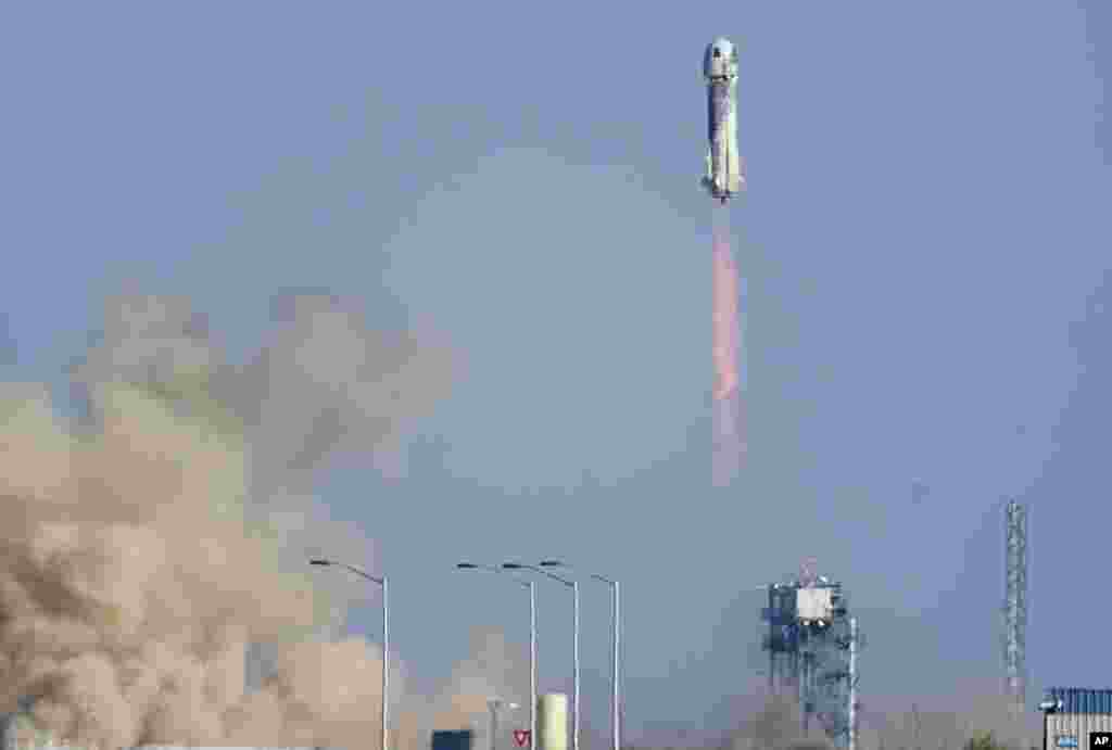 Blue Origin's New Shepard rocket launches carrying Star Trek actor William Shatner, 90, Chris Boshuizen, Audrey Powers and Glen de Vries from its spaceport near Van Horn, Texas.