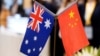 在上海举行的第三届中国国际进口博览会展台上的澳大利亚和中国国旗。（2020年11月6日）