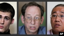 De izq. a der. Mathew Miller, Jeffrey Fowle y Kenneth Bae están prisioneros en Corea del Norte.