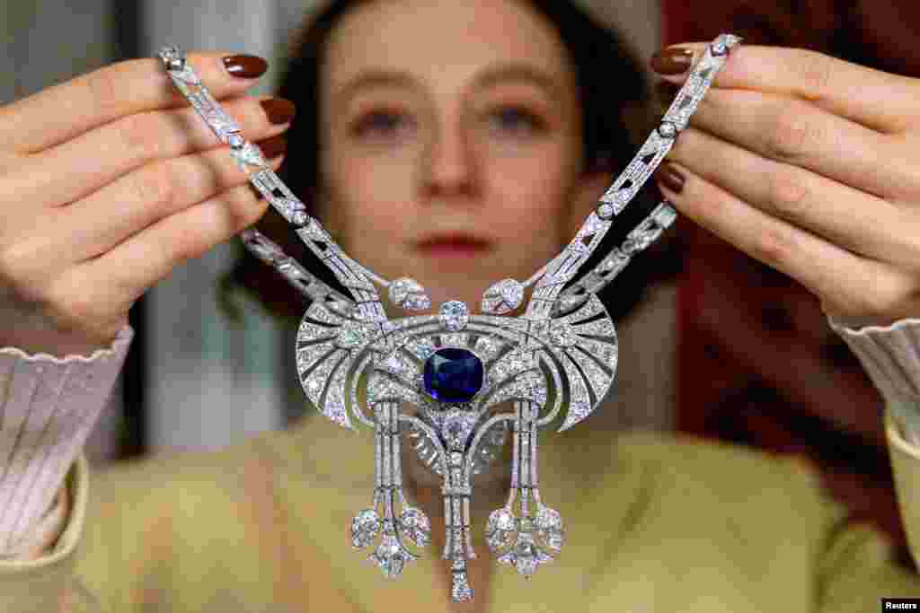 A sapphire and diamond necklace form the collection of a noble European family and made in early 20th century is pictured during an auction preview at Sotheby's and is estimated to fetch 100,000 to 340,000 CHF in Geneva, Switzerland. 