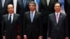 French President Francois Hollande (L), Bulgarian President Rosen Asenov Plevneliev (C) and Vietnam's Prime Minister Nguyen Tan Dung join other leaders for the opening ceremony of the ASEM Summit in Vientiane November 5, 2012.